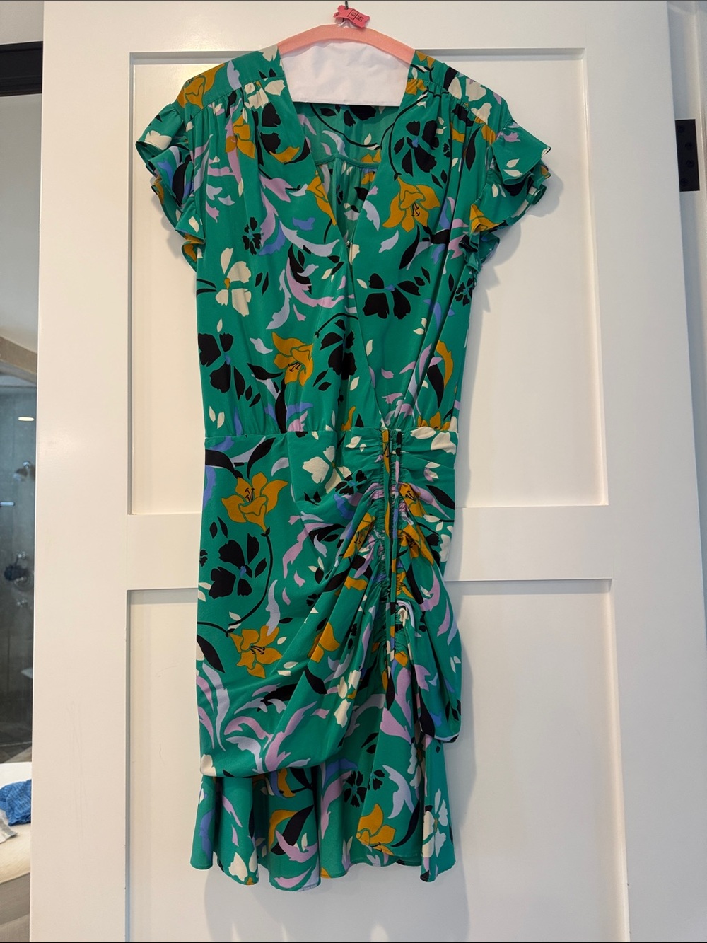 Veronica Beard Emerald Green Floral Midi Dress with Ruching